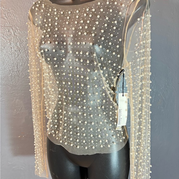 Haute Monde Mesh Rhinestone Faux Pearl Top - Nude - Picture 2 of 12
